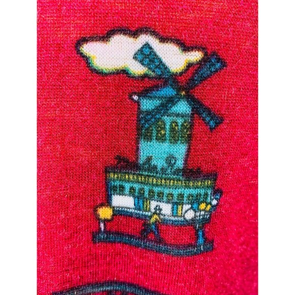 Vintage 70s Novelty Top Womens Small Printed Windmill Maroon Keyhole Blouse - Picture 6 of 10